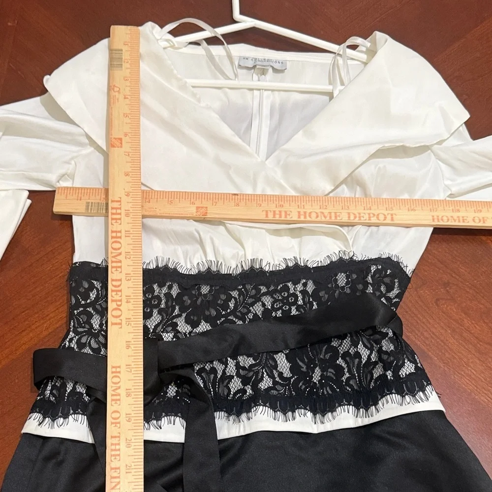 Elegant Chic Black and White Lace Maxi Dress belted wide shoulder sz 12 formal